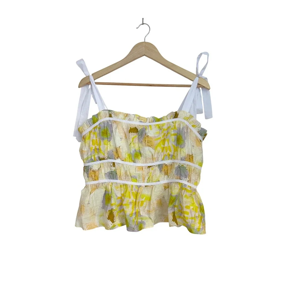 En Saison Torrey Shirred Top Yellow Abstract Tie Strap Peplum Tank Large NWT - Picture 3 of 10